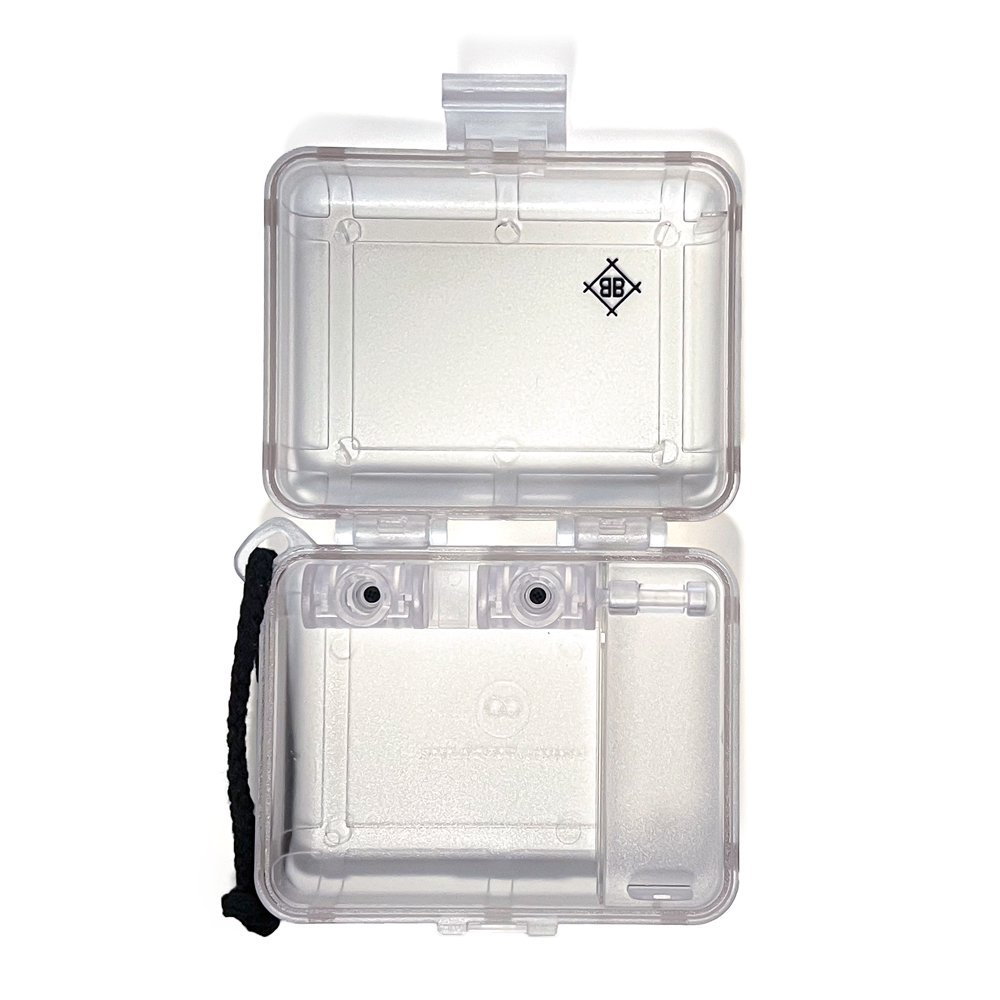 STOKYO BLACK BOX 'Clear Edition' Cartridge Case open to reveal dual cartridge slots and secret stash compartment.